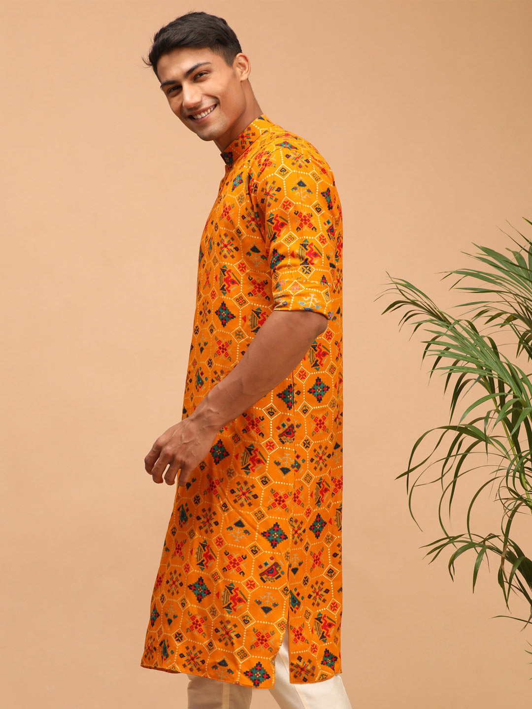 Men's Yellow Cotton Blend Kurta