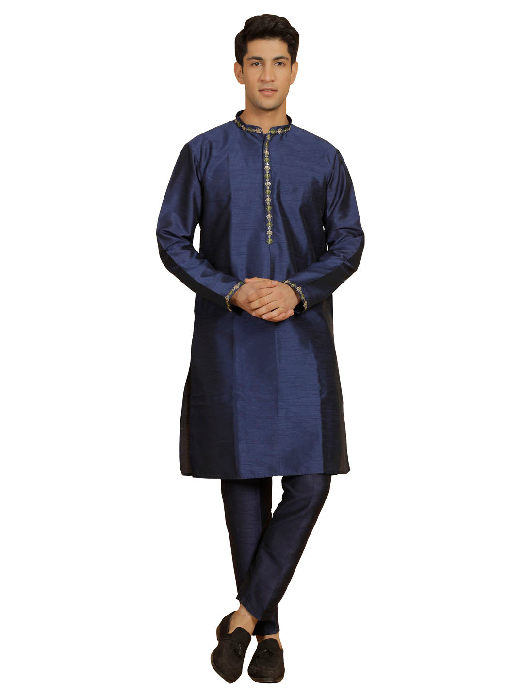 Men's Navy Blue Dupion Silk Kurta Pyjama Set