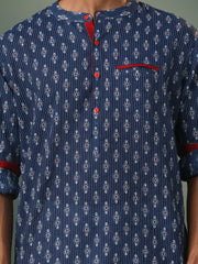 Men's Navy Blue And White Cotton Kurta Pyjama Set