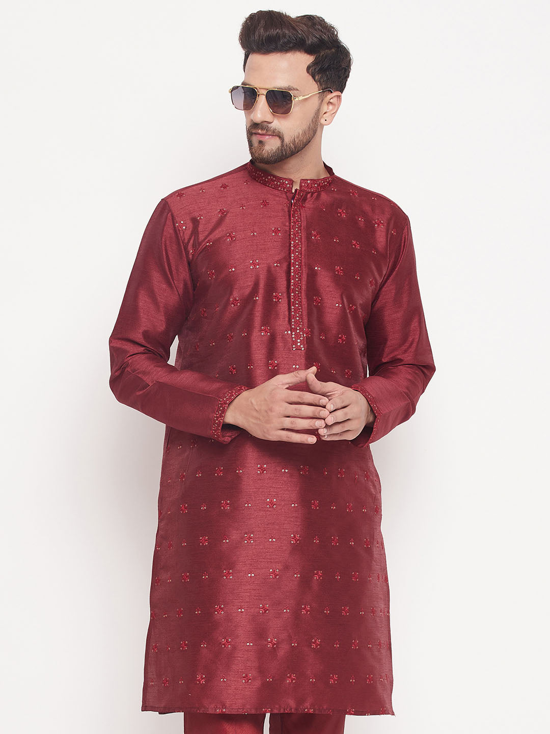 Men Maroon Silk Blend Kurta