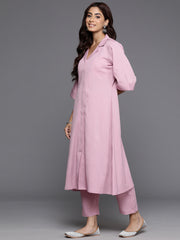 Women Pink Shirt Collar Neck A-Line Kurta Paired With Tonal Bottom