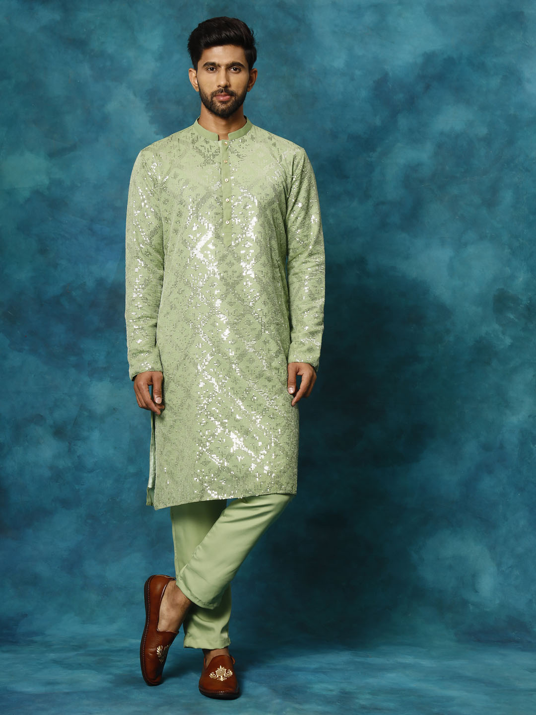 Men's Mint Green Georgette Kurta Pyjama Set