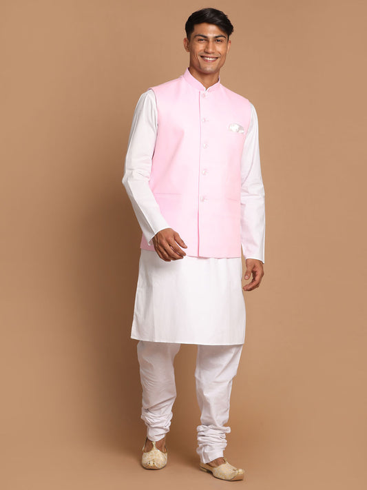 Men's Pink And White Pure Cotton Jacket, Kurta and Pyjama Set