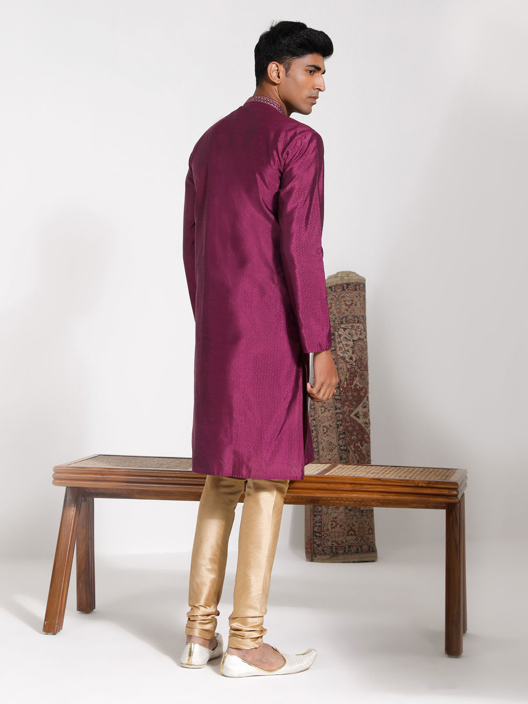 Men's Purple And Cream Silk Blend Kurta Pyjama Set