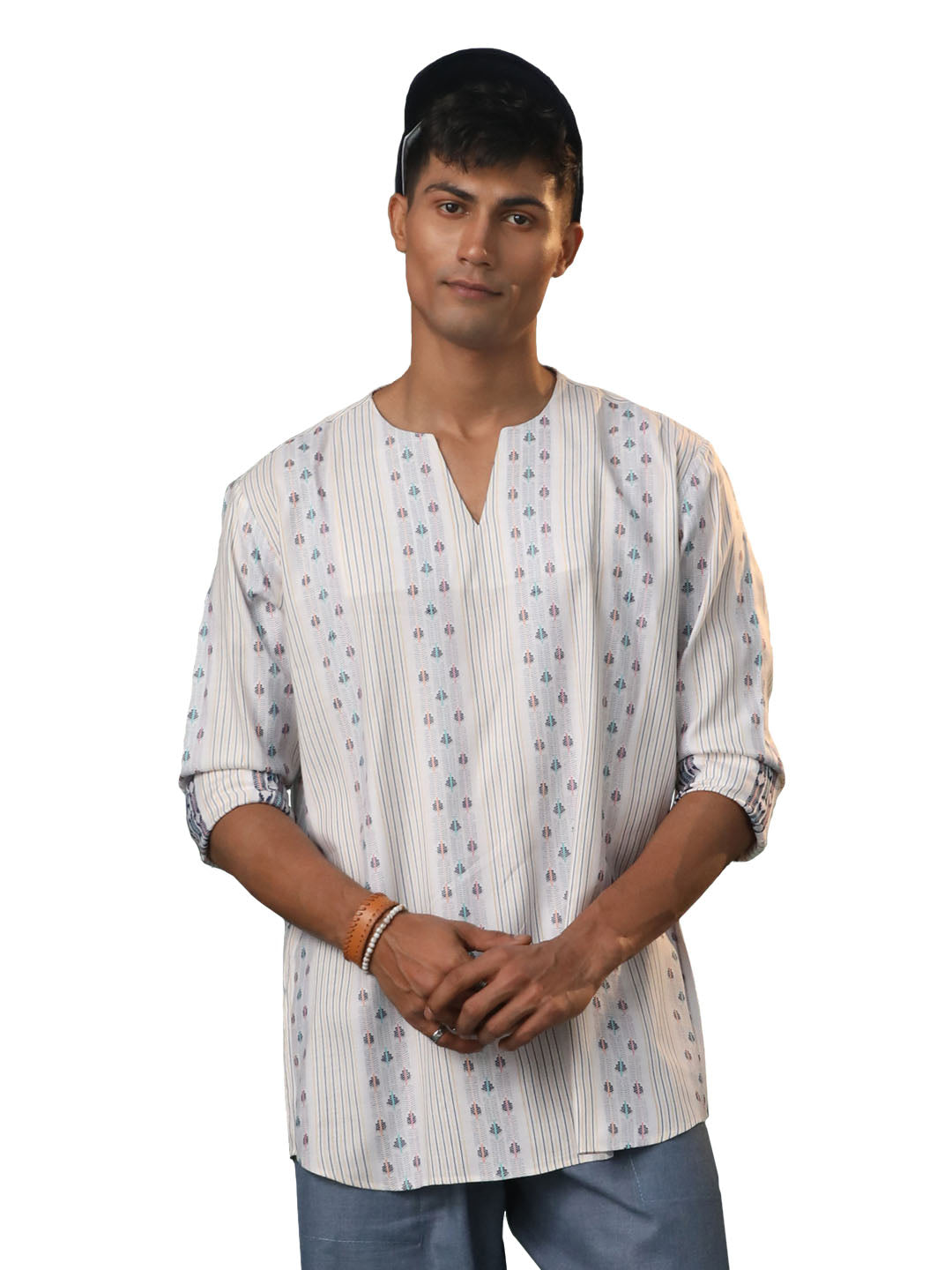 Men's Multicolor Base White Cotton Short Kurta