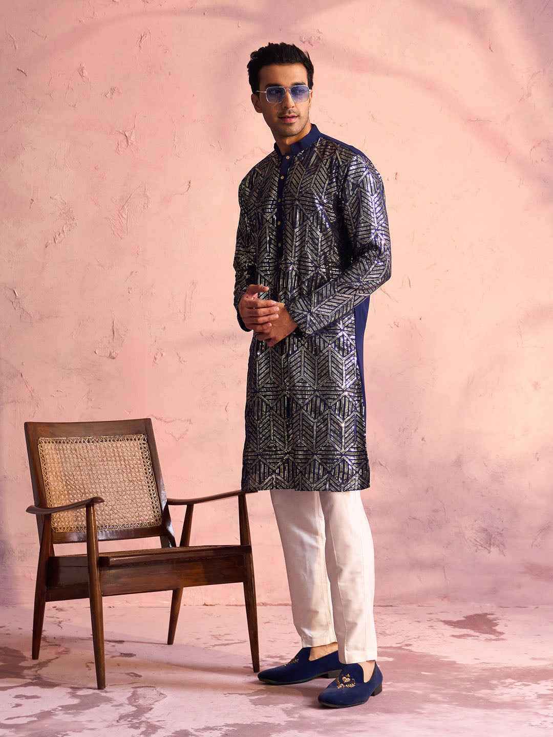 Men's Navy Blue And Cream Georgette Kurta Pyjama Set