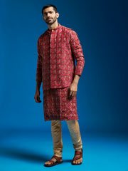 Men's Red Chinon Jacket,Kurta And Pyjama Set.