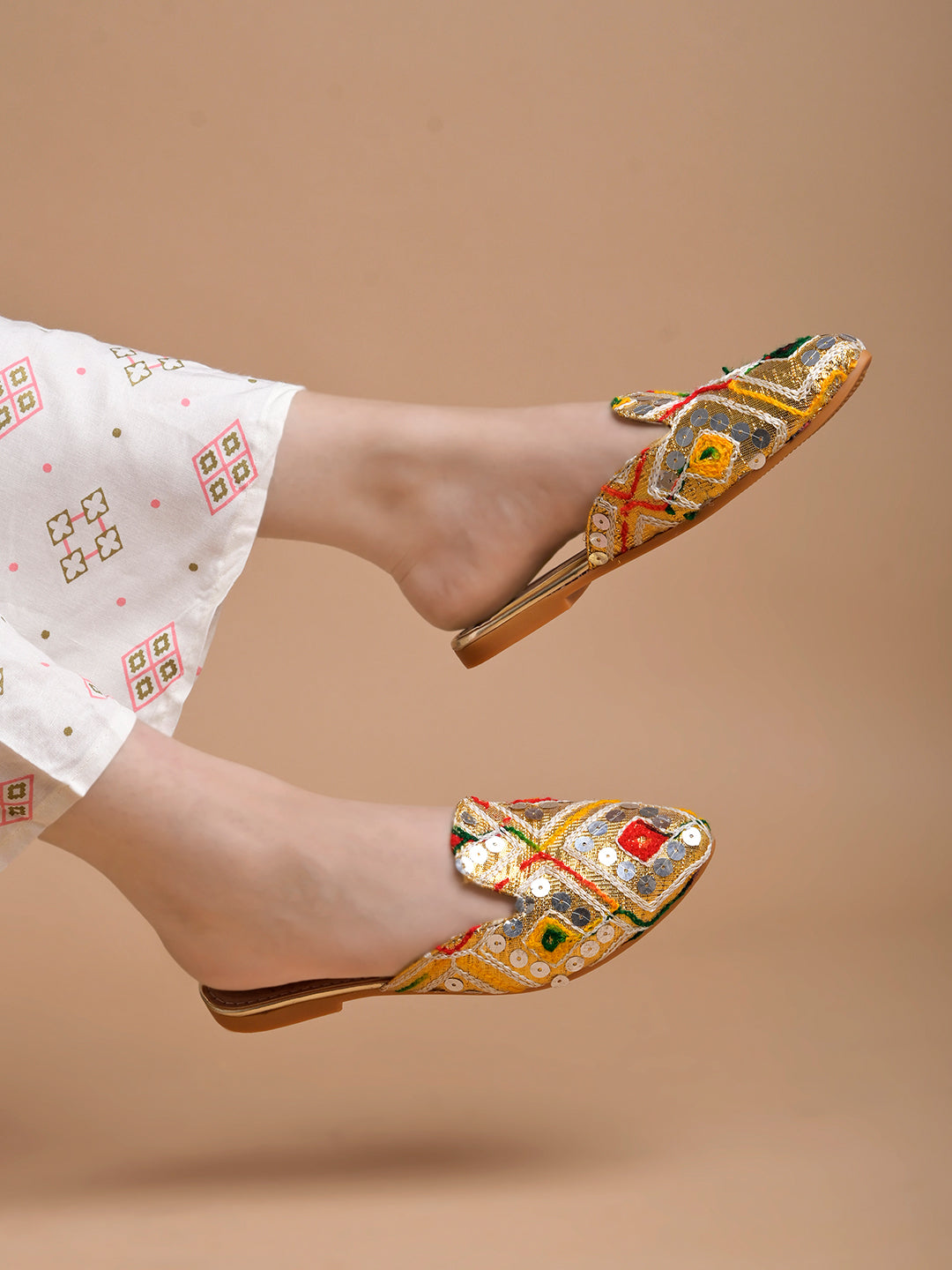 Shoetopia Ethnic Gold Flat Mules For Women & Girls