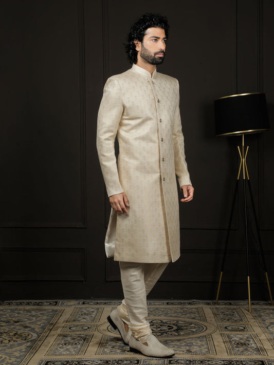 Men's Gold And Cream Silk Blend Sherwani Set