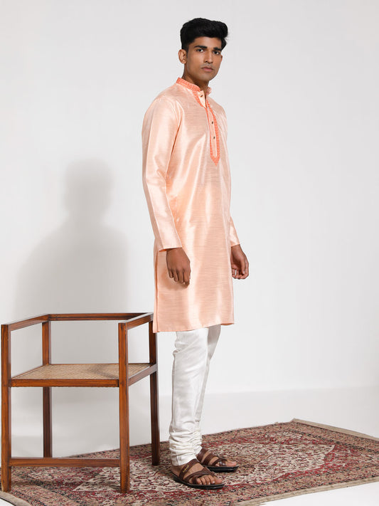 Men's Peach And Cream Dupion Silk Kurta Pyjama Set