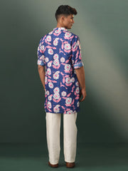 Men's Navy Blue And Cream Cotton Blend Kurta Pyjama Set