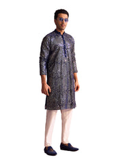 Men's Navy Blue And Cream Georgette Kurta Pyjama Set