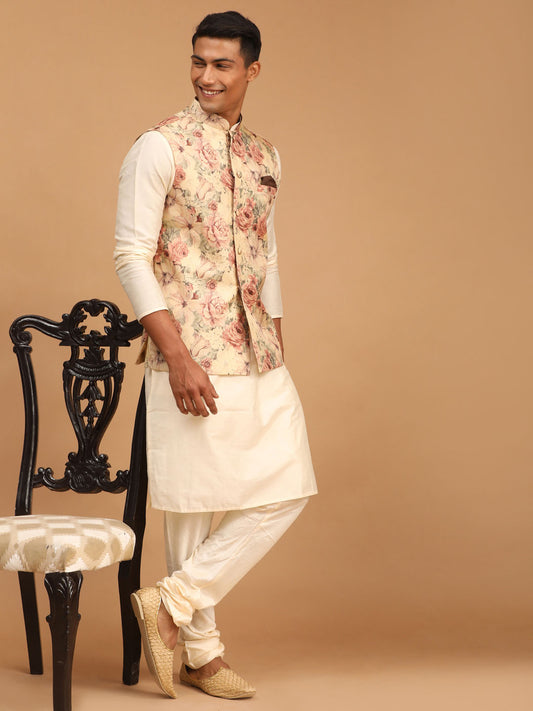 Men's Brown And Cream Viscose Jacket, Kurta and Pyjama Set