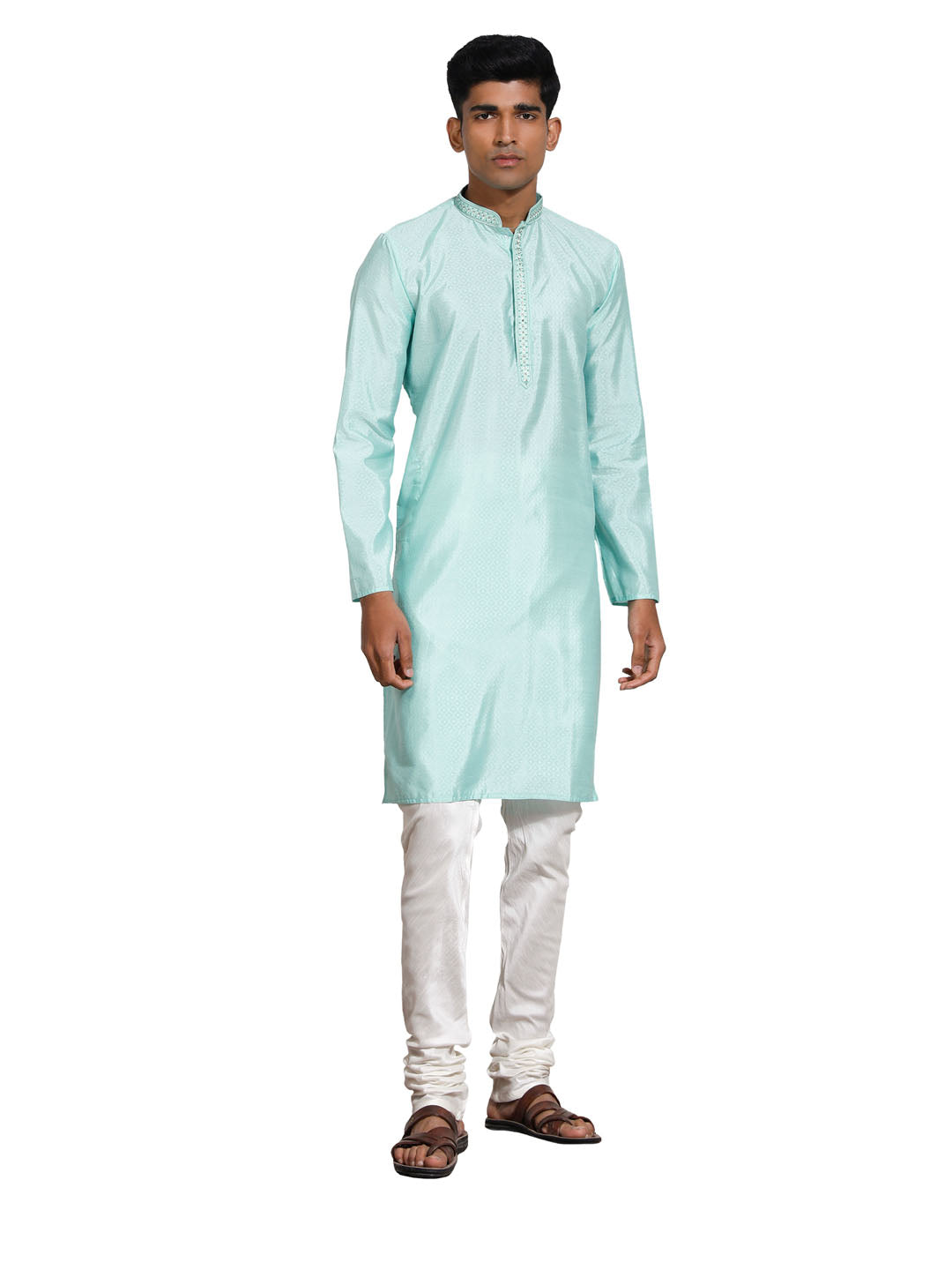 Men's Mint Green And Cream Silk Blend Kurta Pyjama Set