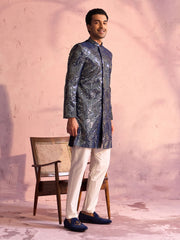 Men's Navy Blue And Cream Georgette Sherwani Set