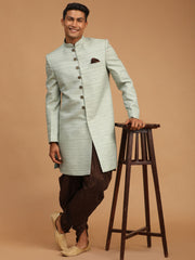 Men's Mint Green And Brown Silk Blend Sherwani Set