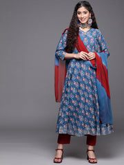 women indigo kurta set paired with pant and tie and dye chiffon dupatta