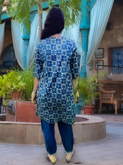 Women Blue Mirror Work Yoke Embroidered A-Line Kurta Paired With Tonal Afghan Bottom And With Dupatta