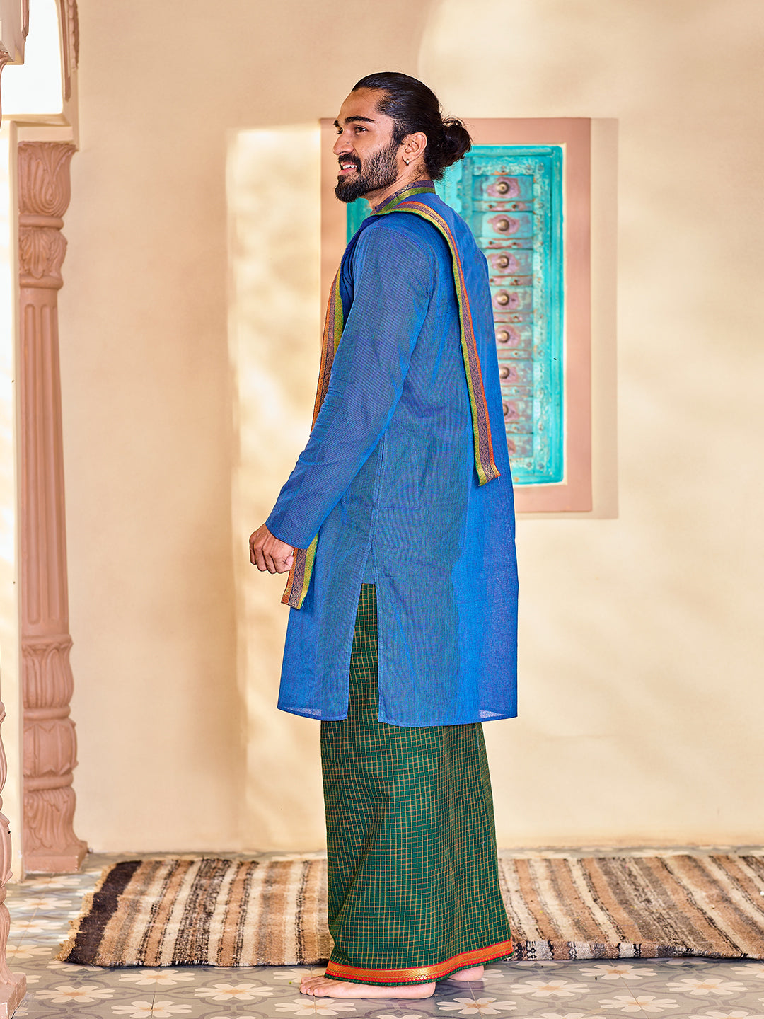 Men's Blue Cotton Kurta Mundu And Dupatta Set