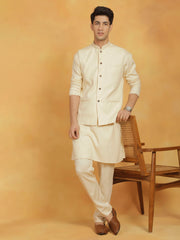 Men's Cream Linen Cotton Jacket, Kurta and Pyjama Set