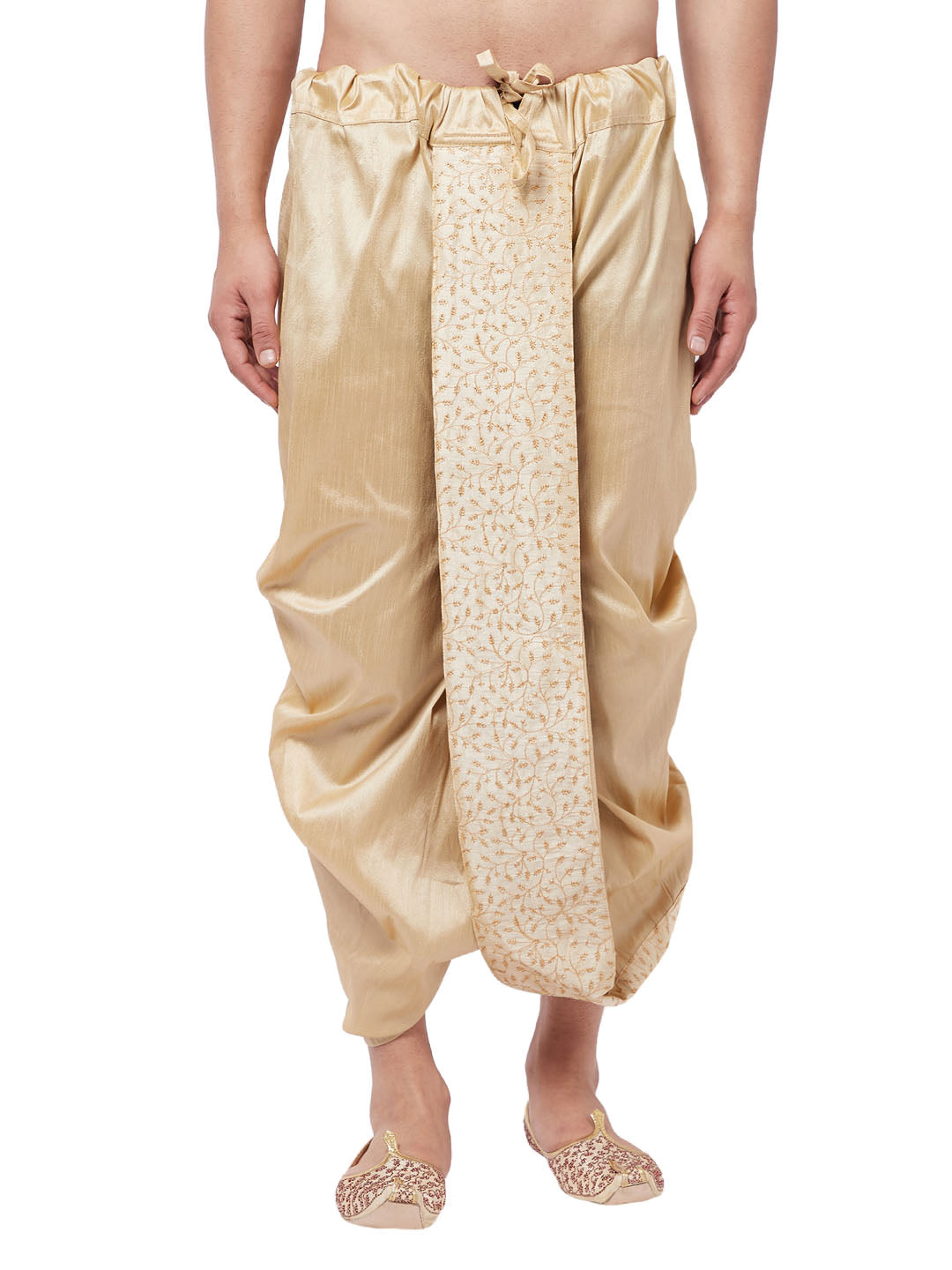 Men's Gold Silk Blend Embroidered Dhoti