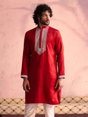 Men's Red Moonga Silk Kurta