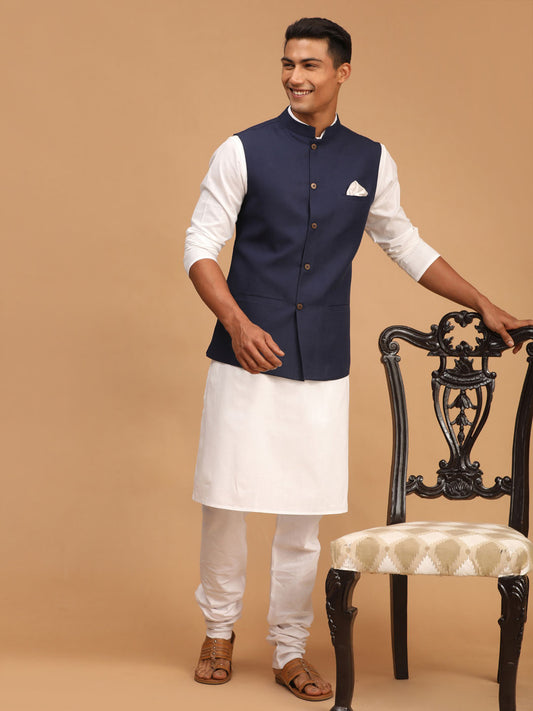 Men's Navy Blue And White Cotton Blend Jacket, Kurta and Pyjama Set