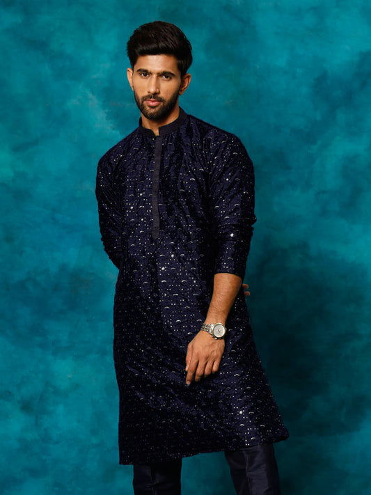 Men's Navy Blue Silk Blend Kurta