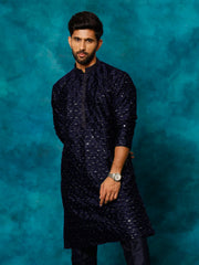 Men's Navy Blue Silk Blend Kurta