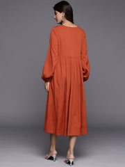 Varanga Women Rust V-Neck, Bishop Sleeves, Gathered Details  Calf Length A-Line Dress, Flared Hem