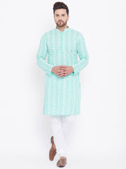 Men's Green and White Cotton Kurta Pyjama Set