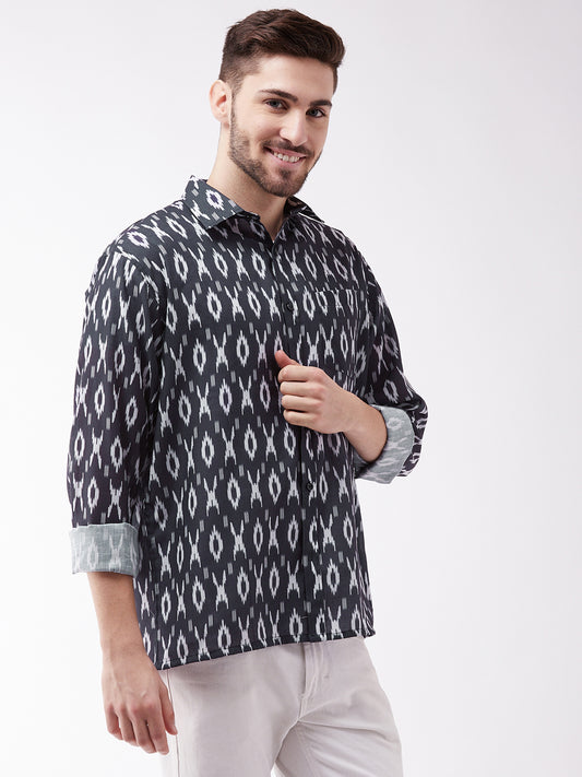 Men's Black Cotton Blend Ethnic Shirt