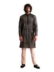 Men's Black And Cream Georgette Kurta Pyjama Set