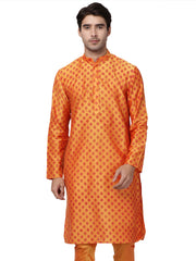 Men Orange Cotton Blend Kurta