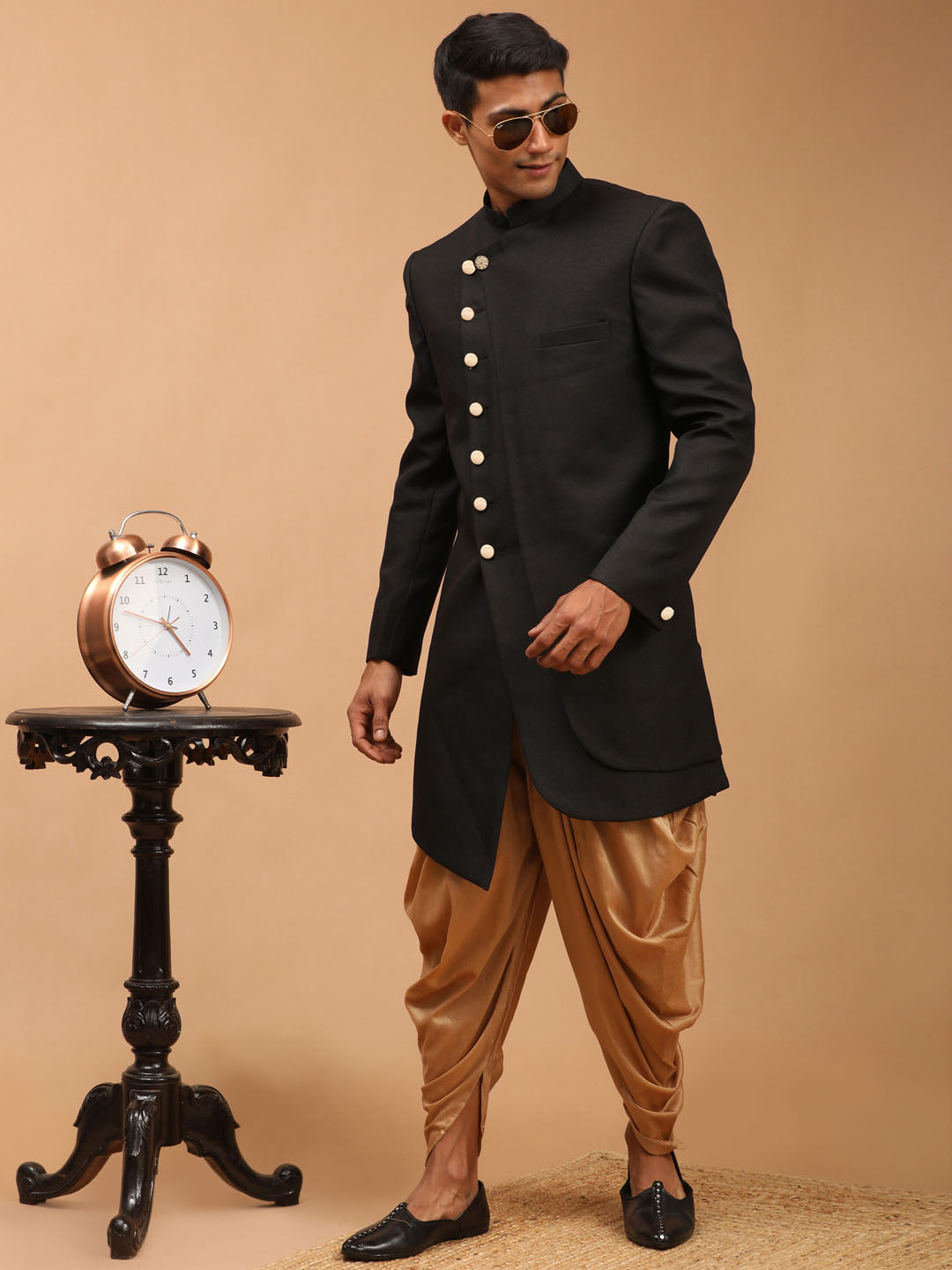 Men's Black Cotton Blend Sherwani Only Top