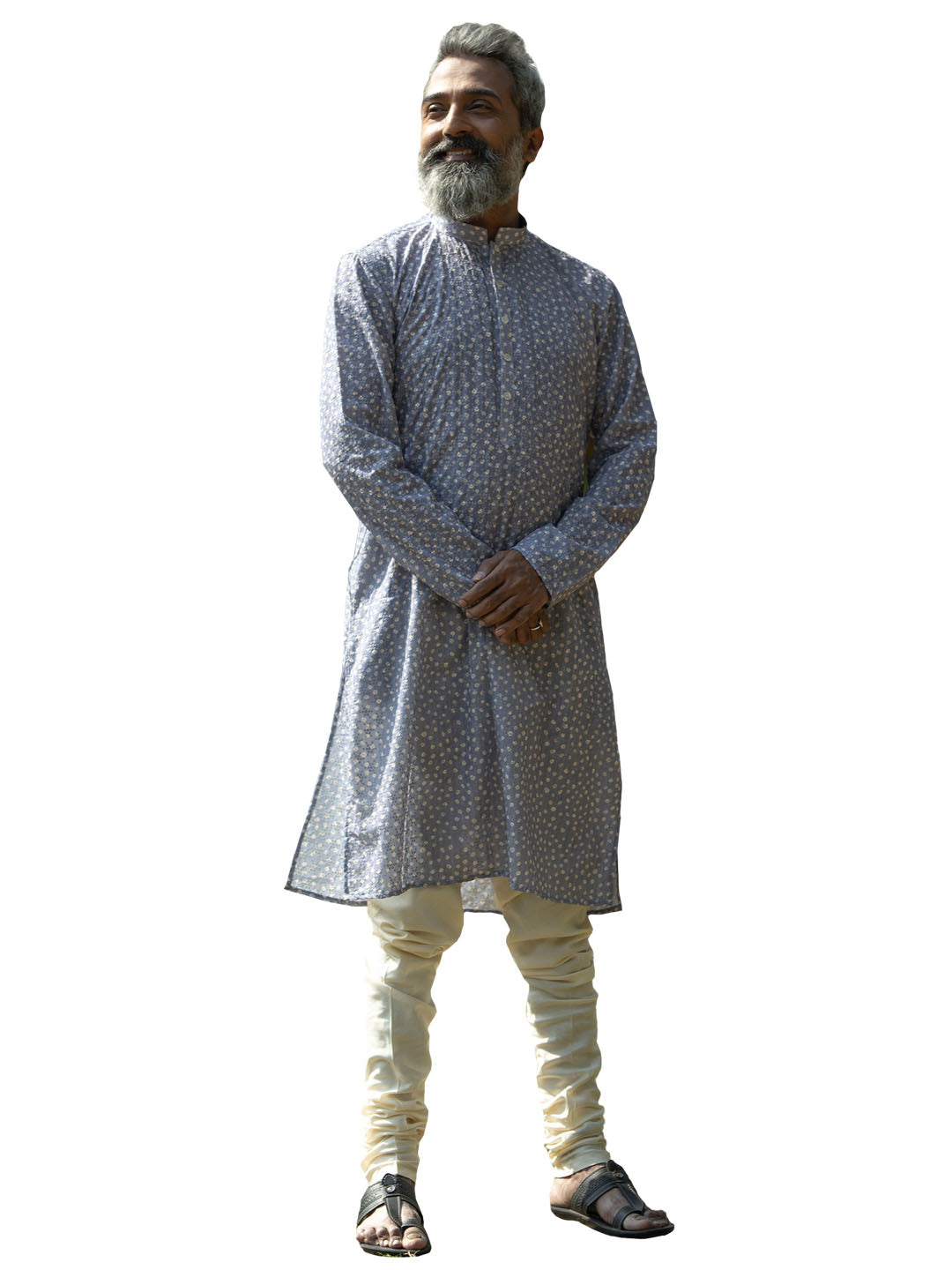 Men's Gray And Cream Cotton Blend Kurta Pyjama Set