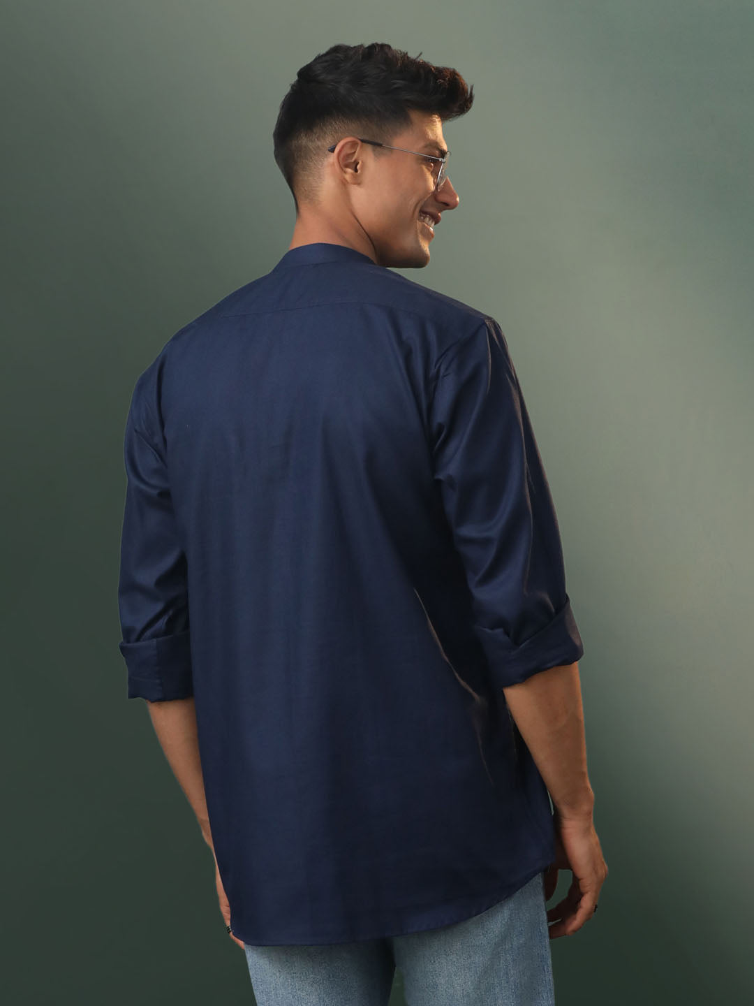 Men's Navy Blue Cotton Short Kurta