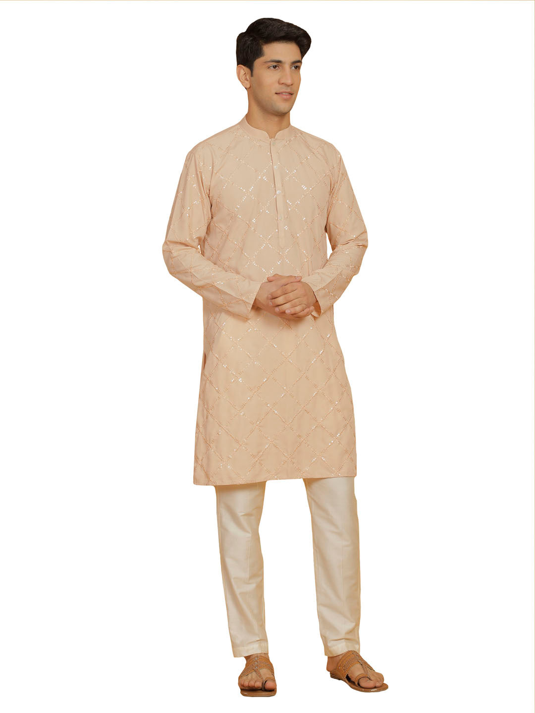 Men's Peach And Cream Viscose Kurta And Pyjama Set