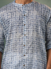 Men's Blue And White Cotton Kurta Pyjama Set