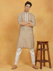 Men's Gray And White Silk Blend Kurta And Pyjama Set