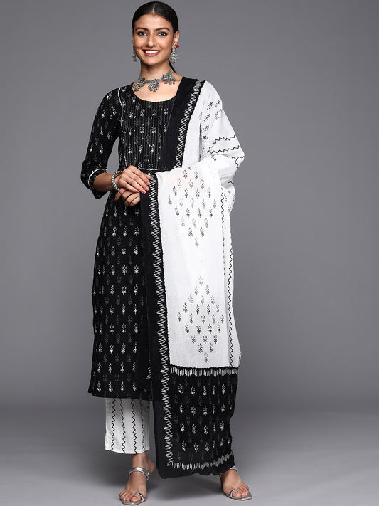 black and white cotton printed yoke design kurta paired with printed dupatta and trouser