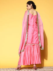 Embroidered Strap Style Kurta Paired With Tonal Sharara And Chiffon Dupatta