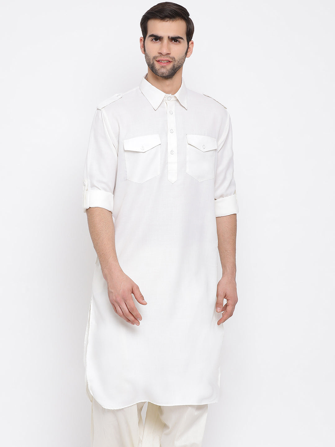 Men's Cream Cotton Blend Pathani Kurta