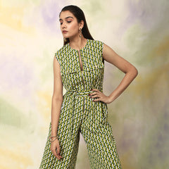 Printed Green Zipper Jumpsuit