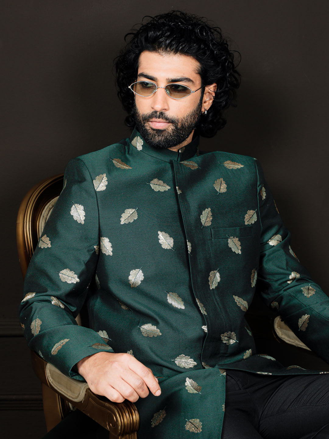 Men's Green And Black Viscose Sherwani Set