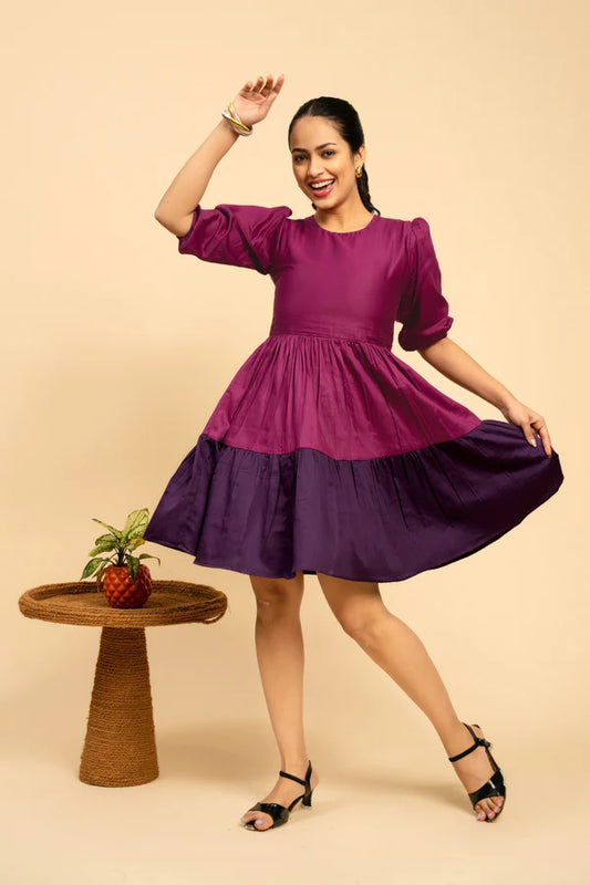 Women's Purple And Wine 2 Tier Viscose Cotton Short Flair Dress