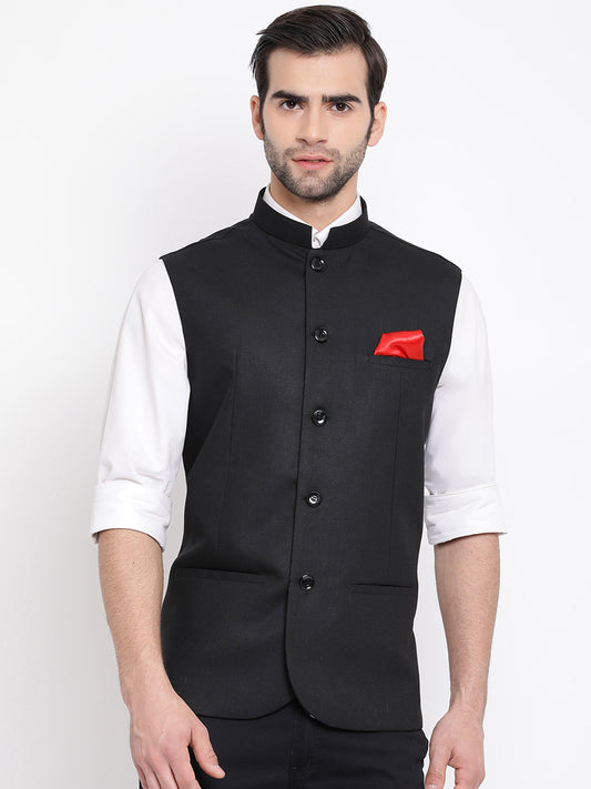 Men's Black Cotton Silk Nehru Jacket