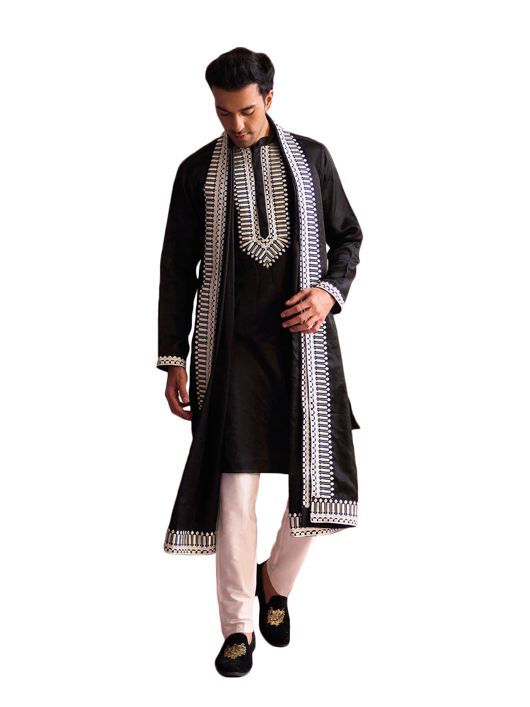 Men's Black And Cream Moonga Silk Kurta, Pyjama & Dupatta Set