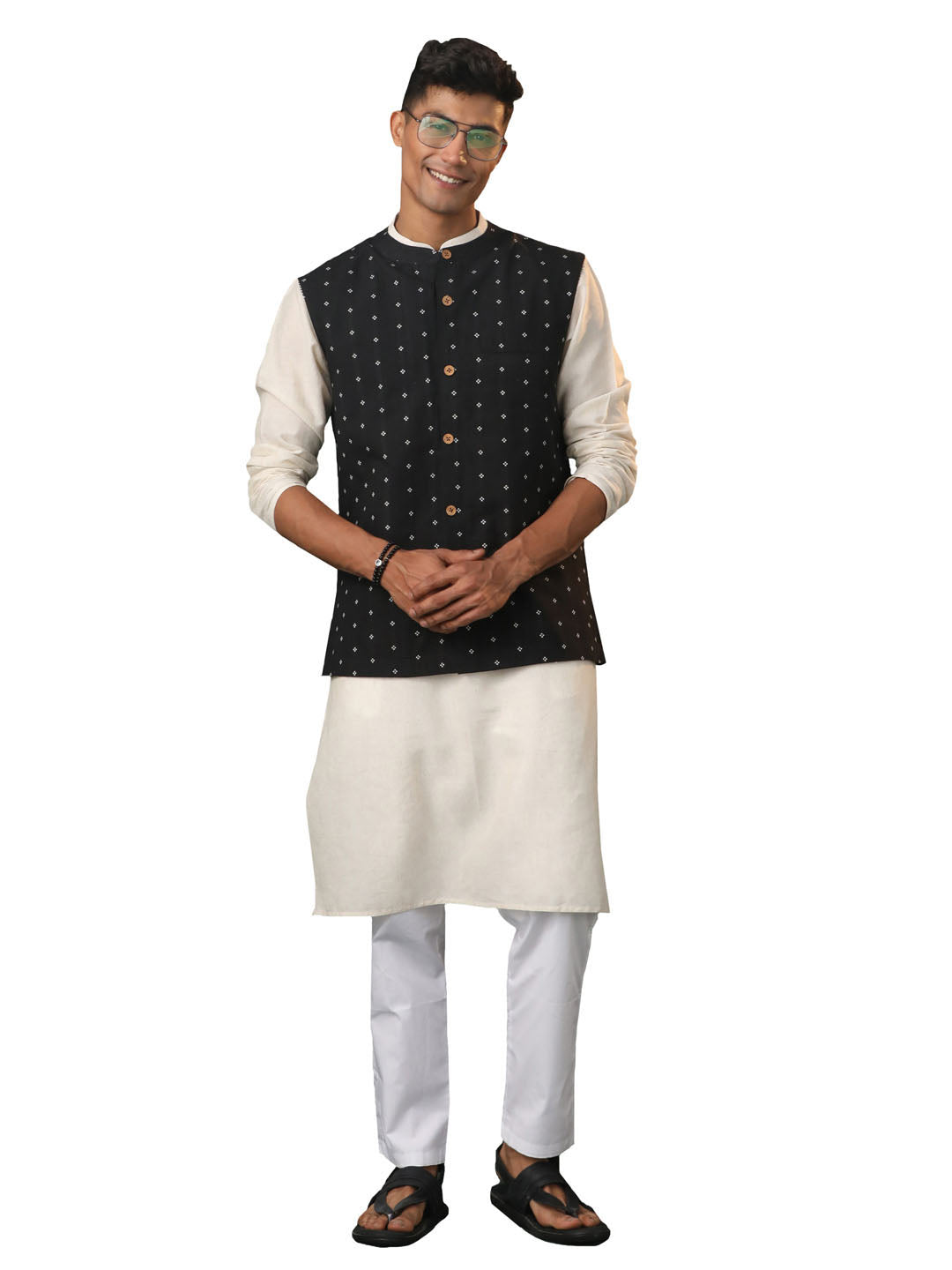 Men's Black And White Cotton Jacket, Kurta and Pyjama Set