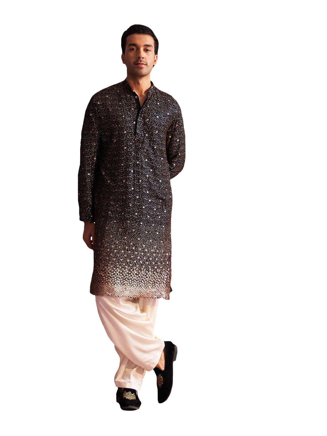 Men's Black And Cream Georgette Kurta and Patiala Set